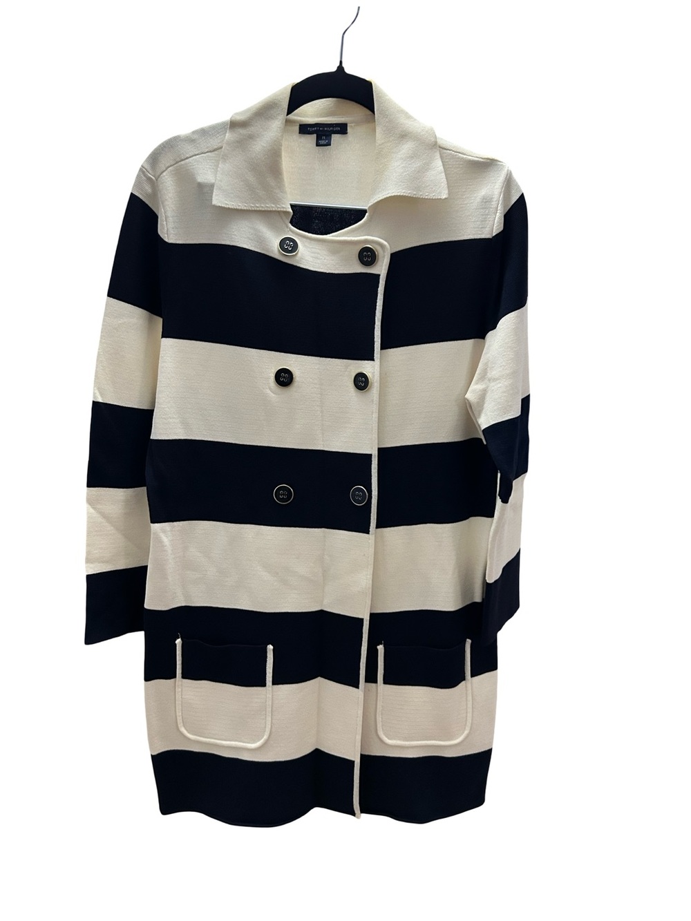Tommy Hilfiger Navy Blue and White Striped Double-Breasted Pea Coat